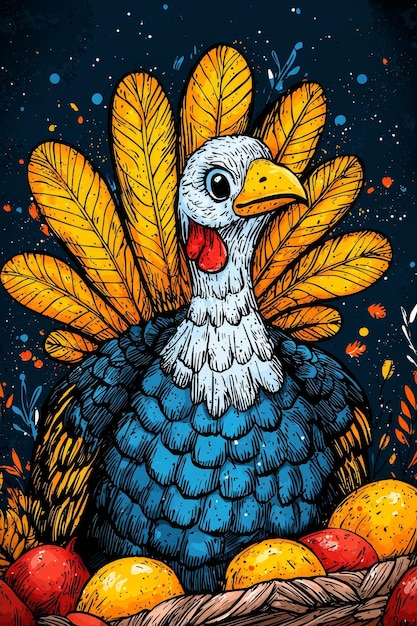 Thanksgiving Turkey Illustration with Fall Fruit