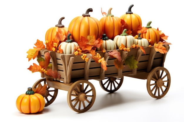 Thanksgiving wagon full of plane pumpkins with leaves falling on a white background