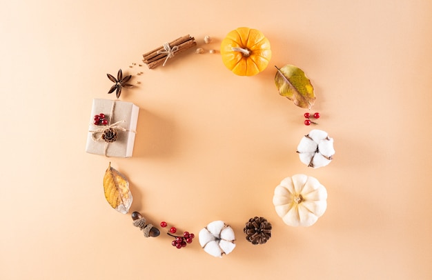 Thanksgiving wall decoration from dry leaves and pumpkin on  pastel wall.