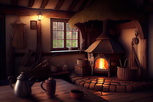 Thatched cottage in warm and cozy atmosphere with fireplace and tea kettle