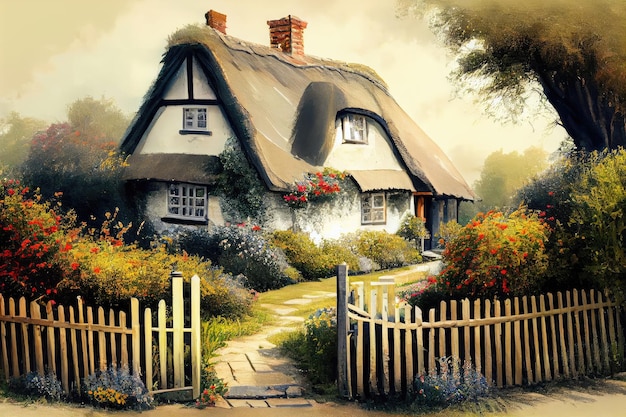 Thatched cottage with garden and picket fence in the countryside