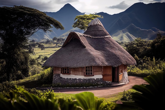 Thatched house surrounded by greenery with view of the distant mountain range