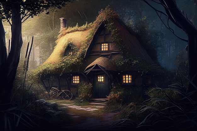 Thatched house surrounded by lush greenery in the middle of the forest