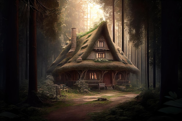 Thatched house surrounded by towering trees in the forest