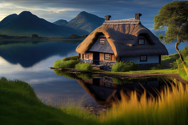 Thatched house with view of a mountain range surrounded by forests and lakes