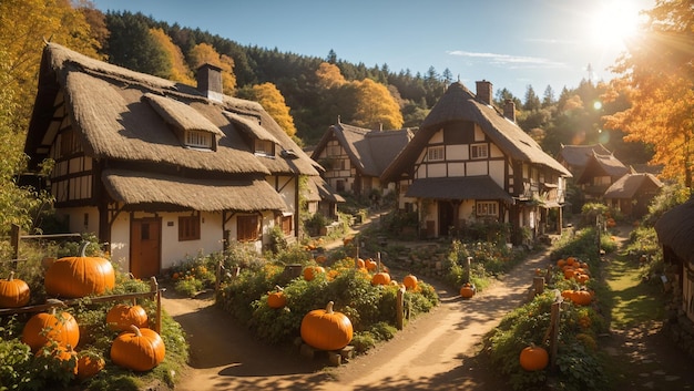 Thatched roof cottages with pumpkins in front of them