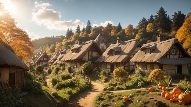 Thatched roof cottages with pumpkins in front of them