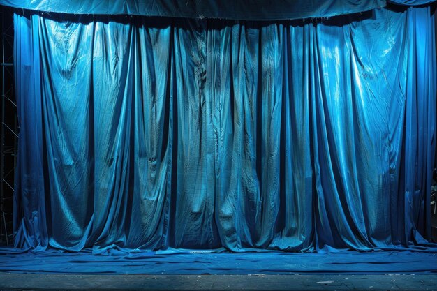 Photo theater curtains draped in deep blue before an enchanting evening performance