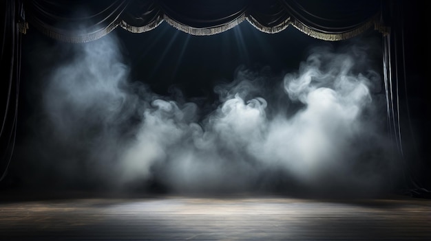 Theater spotlights on black curtain with smoke