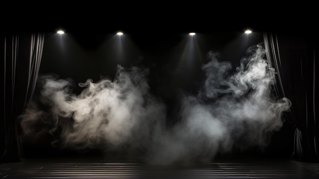 Theater spotlights on black curtain with smoke