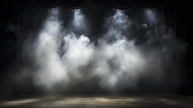 Theater spotlights on black curtain with smoke