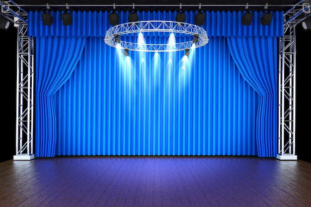 Theater stage with blue curtains and spotlights