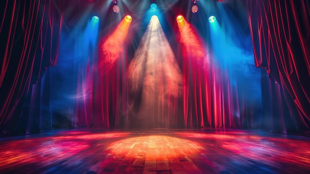 Theater stage with dramatic lighting featuring spotlights illuminating the center stage The background includes velvet curtains in deep red partially open to reveal the stage The stage floor is