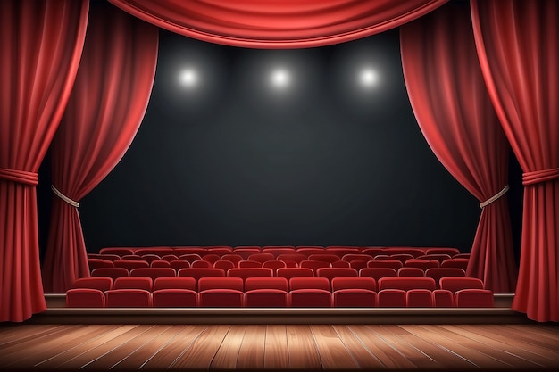 Theater stage with red curtain and seats photo realistic vector background