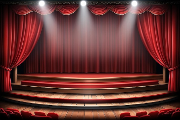 Theater stage with red curtain and seats photo realistic vector background