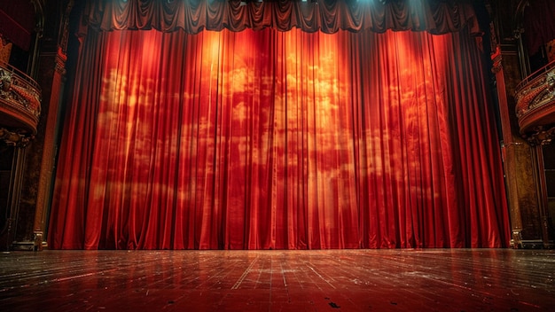 Theater stage with a red curtain and spotlight Theater background