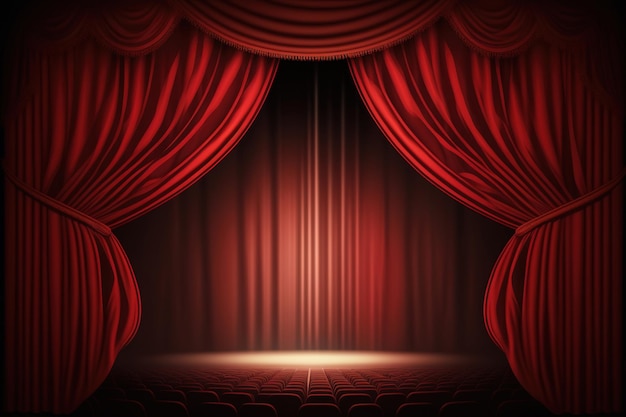 A theater stage with a red curtain and a spotlight.