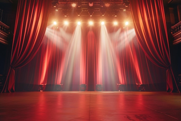 Theater stage with red curtains and spotlights Theatrical scene in the light background