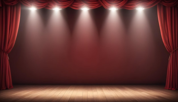 Photo theater stage with red curtains and spotlights theatrical scene in the light background