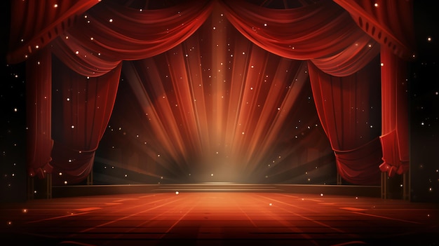 Theater stage with red curtains and spotlights