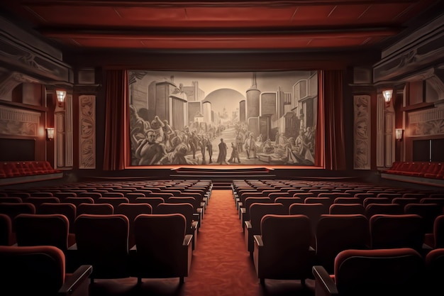 A theater with a large screen that says'the theater is empty '