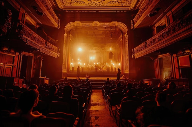 A theater with no audience showing an empty stage brightly lit up with spotlights A Victorian era theatre with phantom attendees AI Generated