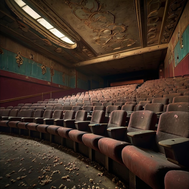 a theater with a red and blue wall with a bunch of leaves on it