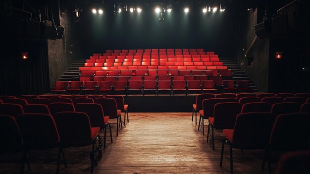 a theater with a red chair in the middle of it