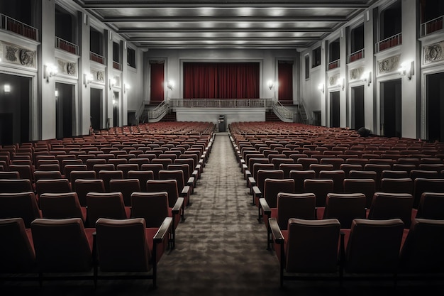 A theater with a red curtain and a red curtain.