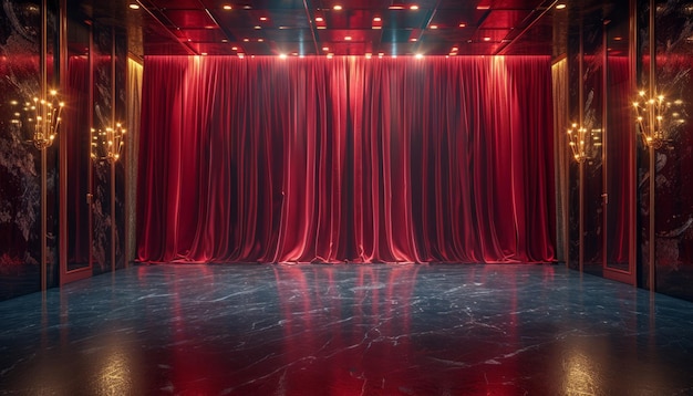 a theater with red curtains and gold trim