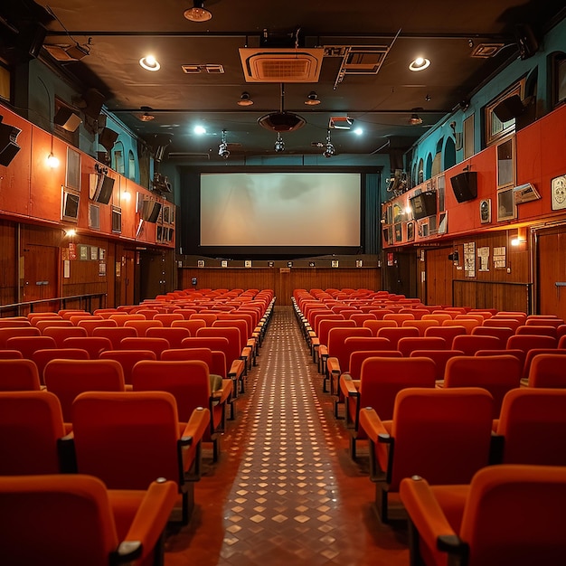 a theater with a screen that says quot the time of 9 00 quot