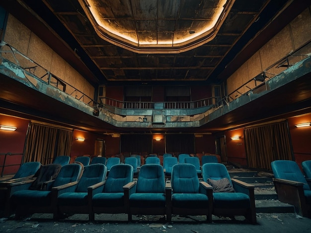 Photo a theatre with a blue chair in the middle of it