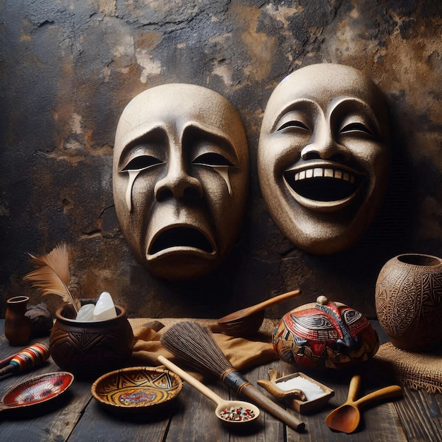 Photo theatrical masks on a dramatic scene