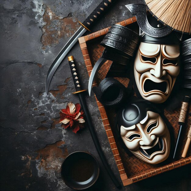 Photo theatrical masks on a dramatic scene