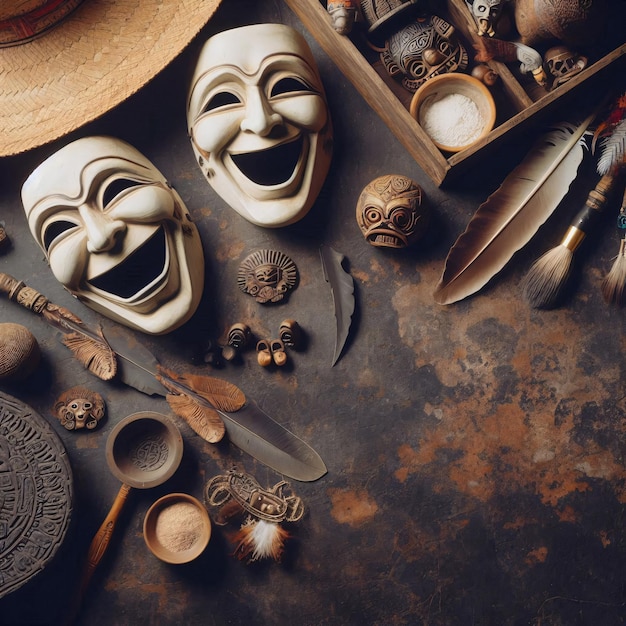 Photo theatrical masks on a dramatic scene