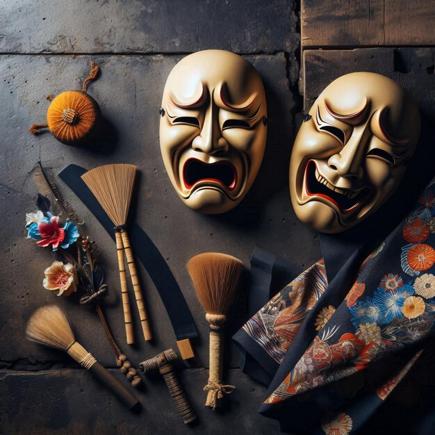 Theatrical masks on a dramatic scene