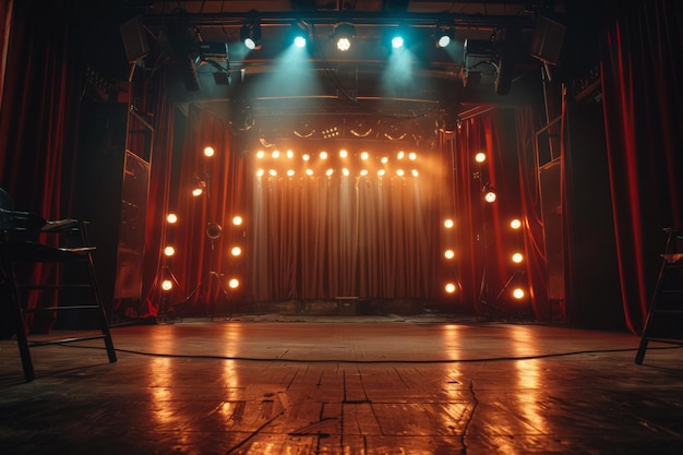 Photo theatrical stage with dim lights and red curtains