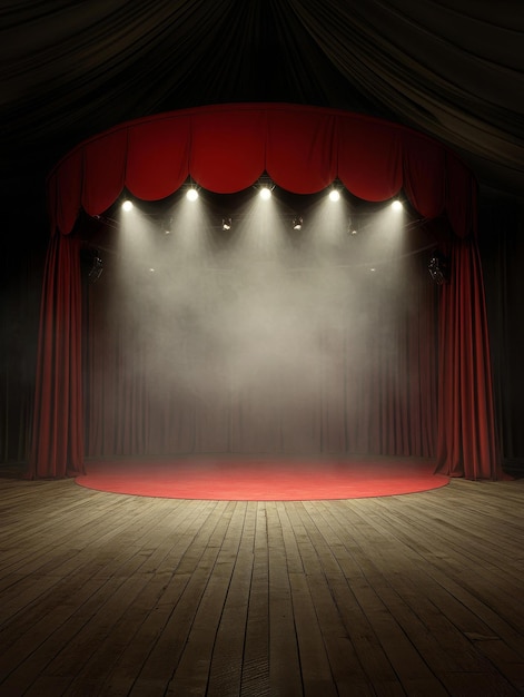 Photo a theatrical stage with red curtains and a spotlight shining down on the wooden floor the curt