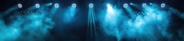 Photo theatrical stage with vibrant blue lights and smoke haze