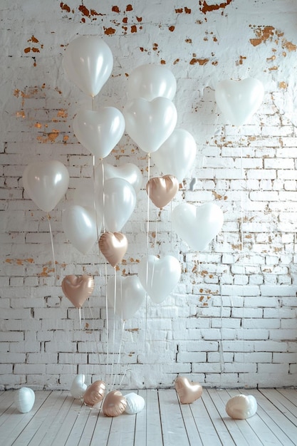 a theme with white balloons and floating hearts