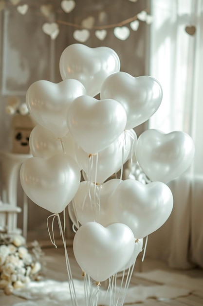 a theme with white balloons and floating hearts