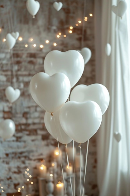 a theme with white balloons and floating hearts