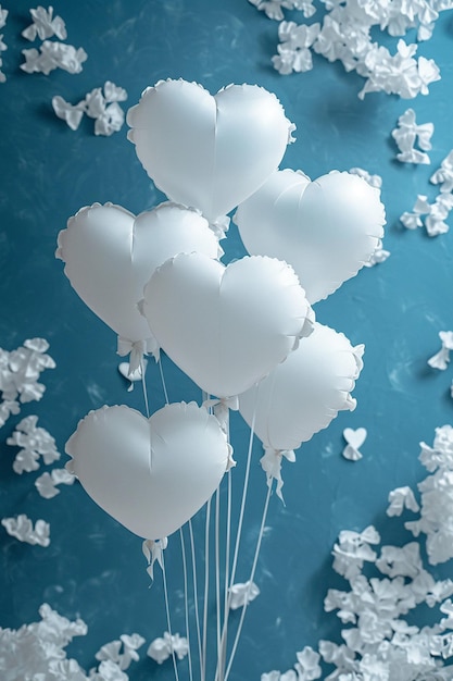 a theme with white balloons and floating hearts