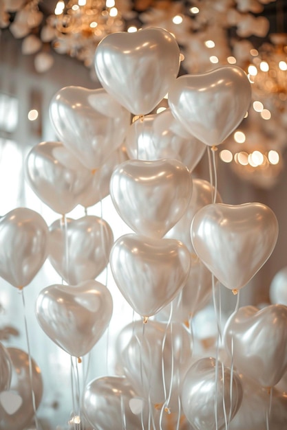 a theme with white balloons and floating hearts