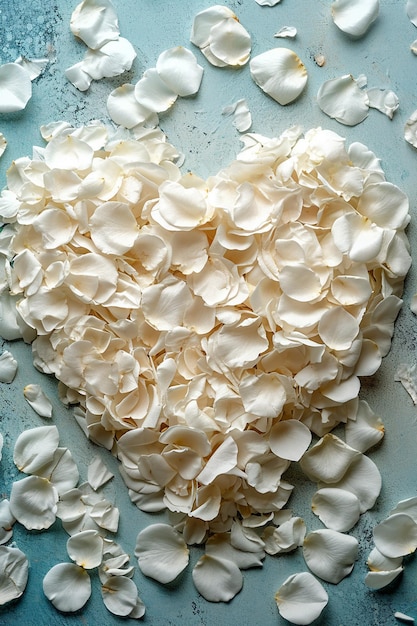 a theme with white rose petals arranged in a heart shape