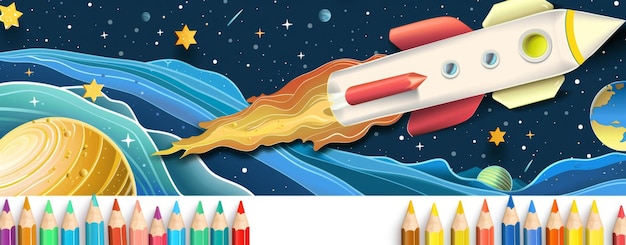 Themed back to school with a hand drawn rocket and colored pencils