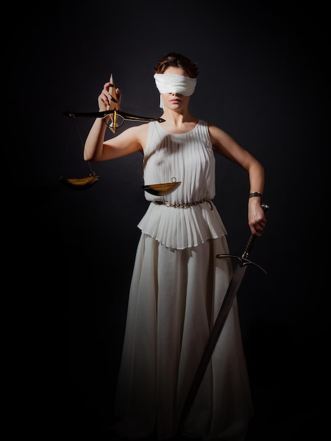 Themis the goddess of justice blindfolded with scales and a sword in her hands a fair trial antique ...