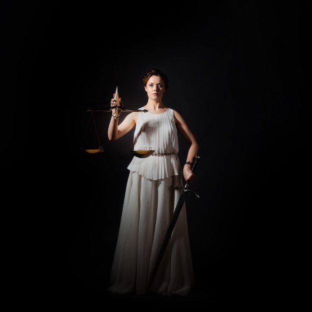 Themis, the goddess of justice without a blindfold, with scales and a sword in her hands. Fairness or impartiality, a concept. An ancient myth, a silhouette in the twilight