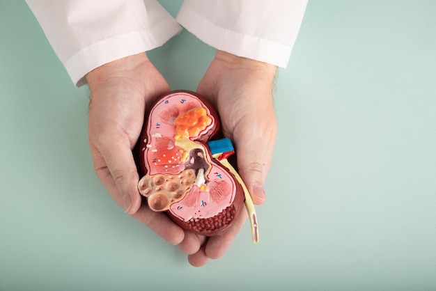 Themodel of a diseased kidney in doctor palm hand on blue background