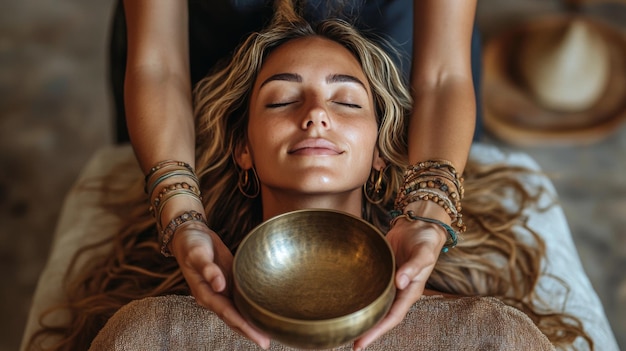 Photo therapeutic sound healing session with singing bowl at a wellness center